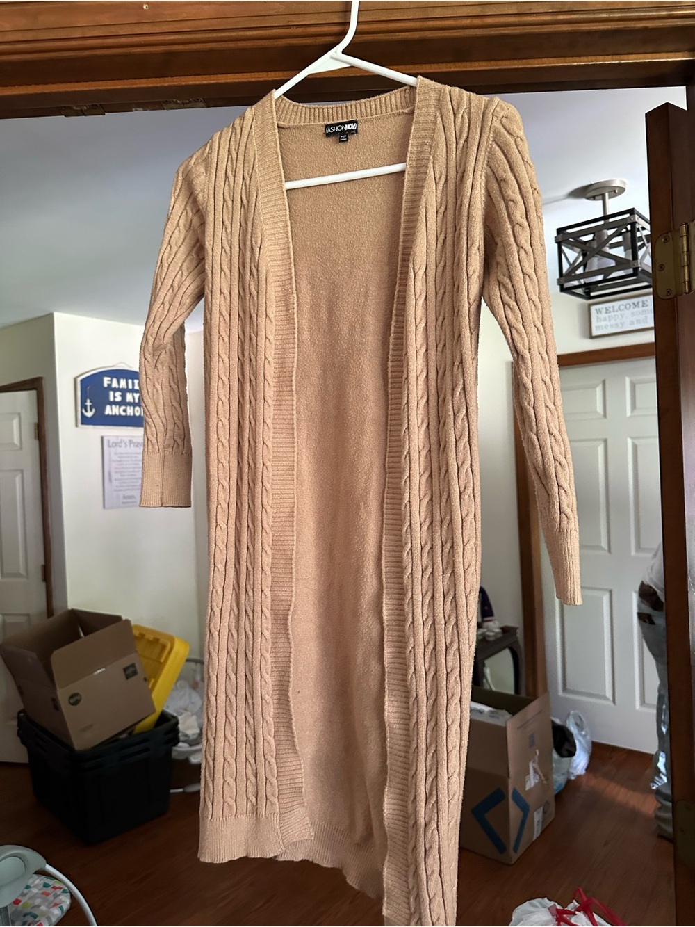 Fashion Nova Long Cable Knit Open Cardigan - Tan